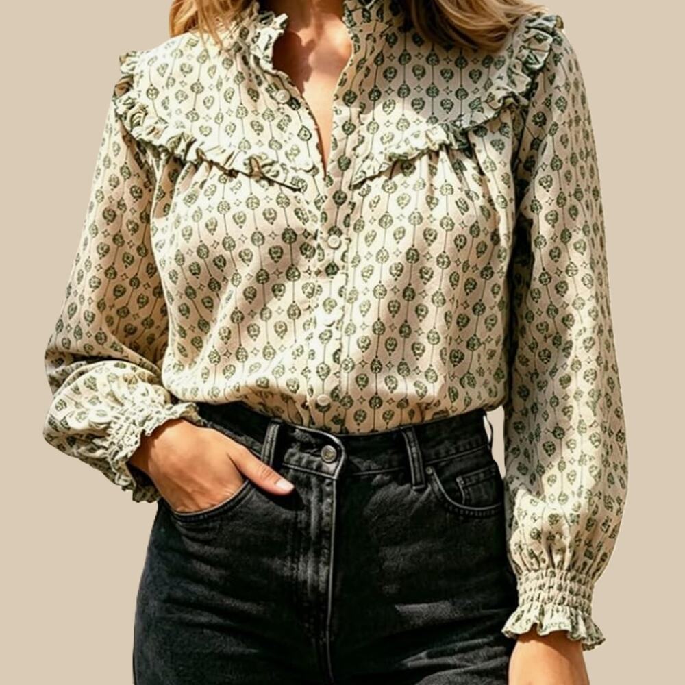 Women's Green Floral Blouse 1X Boho Cottagecore Prairie Top New Smocked Sleeve